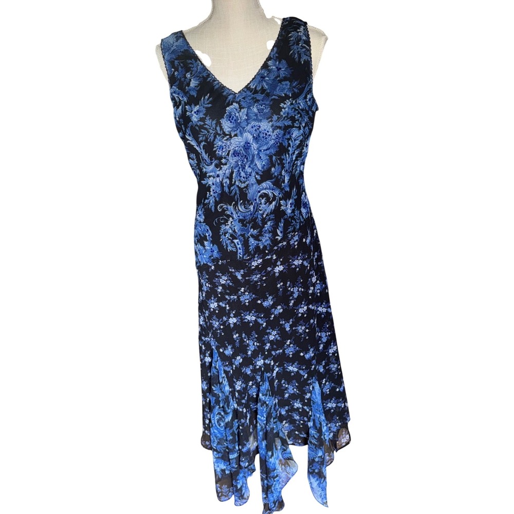 Vtg Y2K Blue Black Floral Sequin Bias Cut Handkerchief Hem Maxi Dress Sz L Fairy